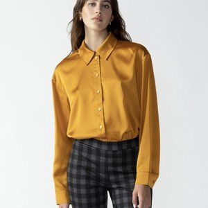 Satin Button-Up Blouse in Mustard